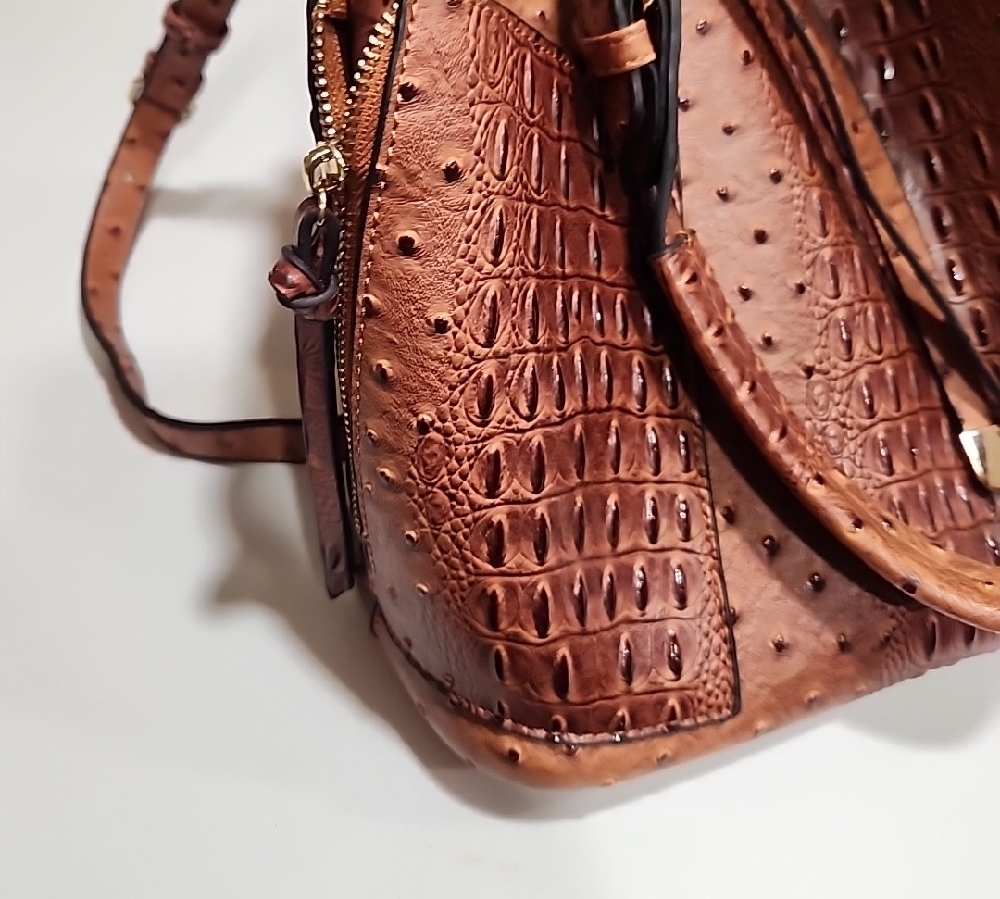 Elegant Brown Faux Ostrich Leather Handbag - Picture 3 of 12